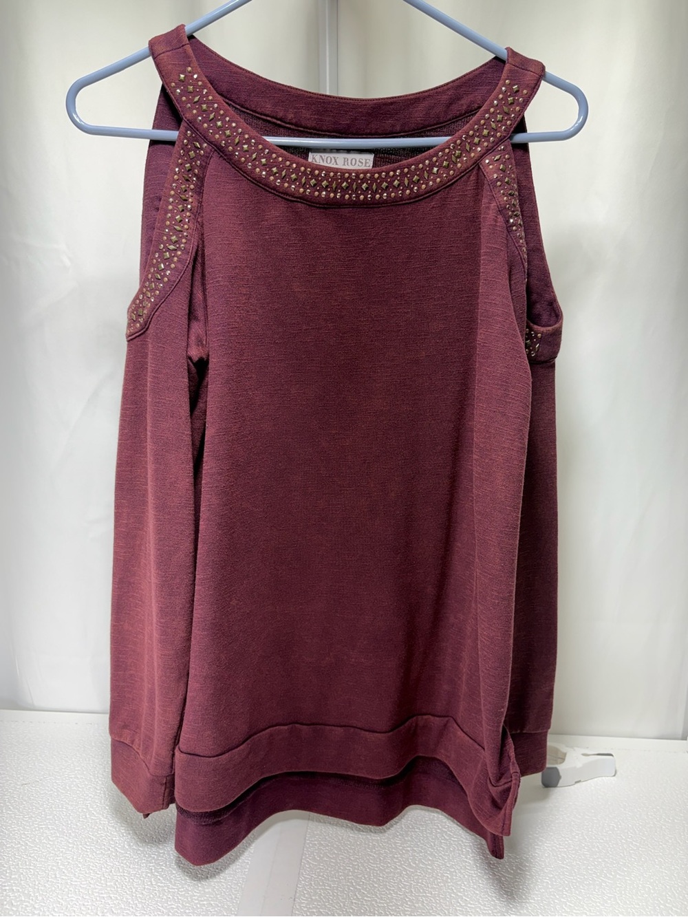 Knox Rose Burgundy Off-Shoulder Studded Sweater 4443